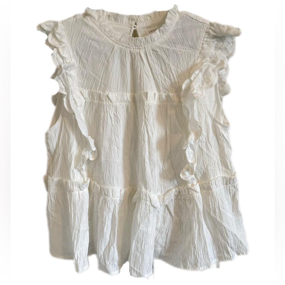vestique White Ruffle Tiered Sleeveless Blouse